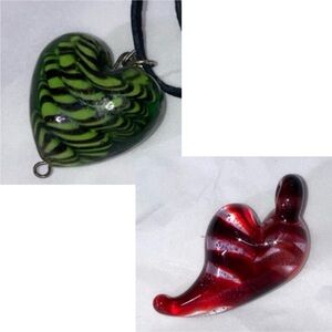 TWO gorgeous handmade art glass heart pendants one red one green